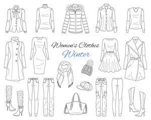 Women's clothes collection. Winter outfit. Vector sketch illustration.