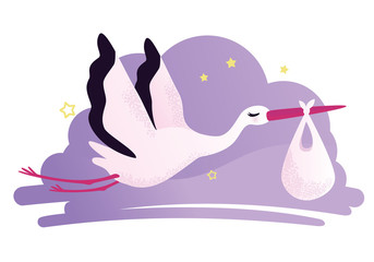 Vector illustration of a stork carrying a baby in a bag