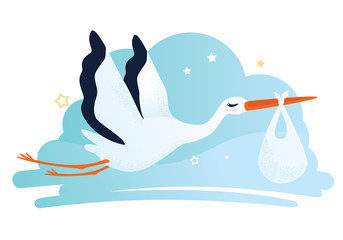 Vector illustration of a stork carrying a baby in a bag - obrazy, fototapety, plakaty