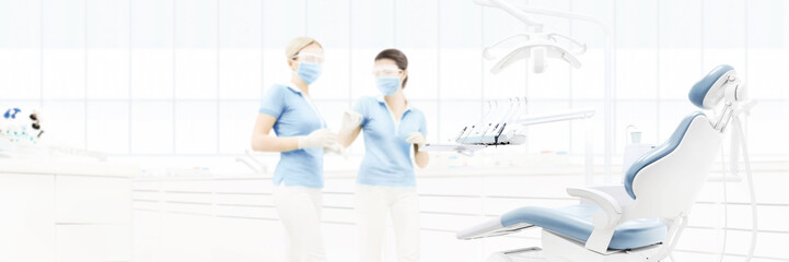 dental clinic interior with doctors, blurred background for copy space template