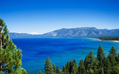 High angle view Emerald Bay, Lake Tahoe, California freshwater lake in Sierra Nevada Mountains...