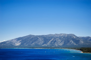 High angle view Emerald Bay, Lake Tahoe, California freshwater lake in Sierra Nevada Mountains...
