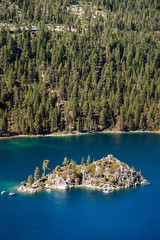 High angle view Emerald Bay, Lake Tahoe, California freshwater lake in Sierra Nevada Mountains range, USA