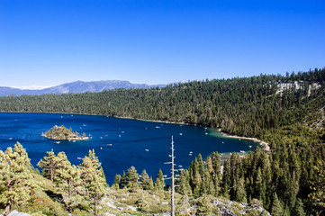 High angle view Emerald Bay, Lake Tahoe, California freshwater lake in Sierra Nevada Mountains...