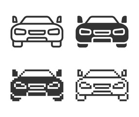 Monochromatic car icon in different variants: line, solid, pixel, etc.