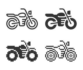 Monochromatic motorcycle icon in different variants: line, solid, pixel, etc.