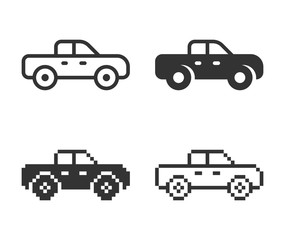 Pickup truck icon in different variants: line, solid, pixel, etc.