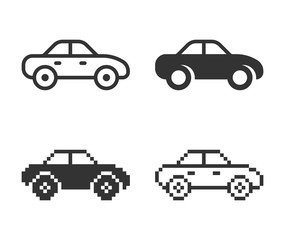 Monochromatic car icon in different variants: line, solid, pixel, etc.