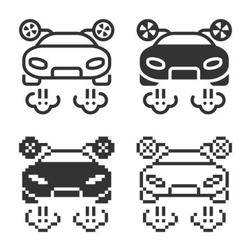 Monochromatic flying car icon in different variants: line, solid, pixel, etc.