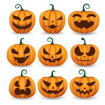 Set of halloween pumpkins, funny faces.