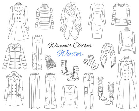 Women's clothes collection. Winter outfit. Vector sketch illustration.