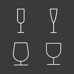 line wine glass icons set on dark background