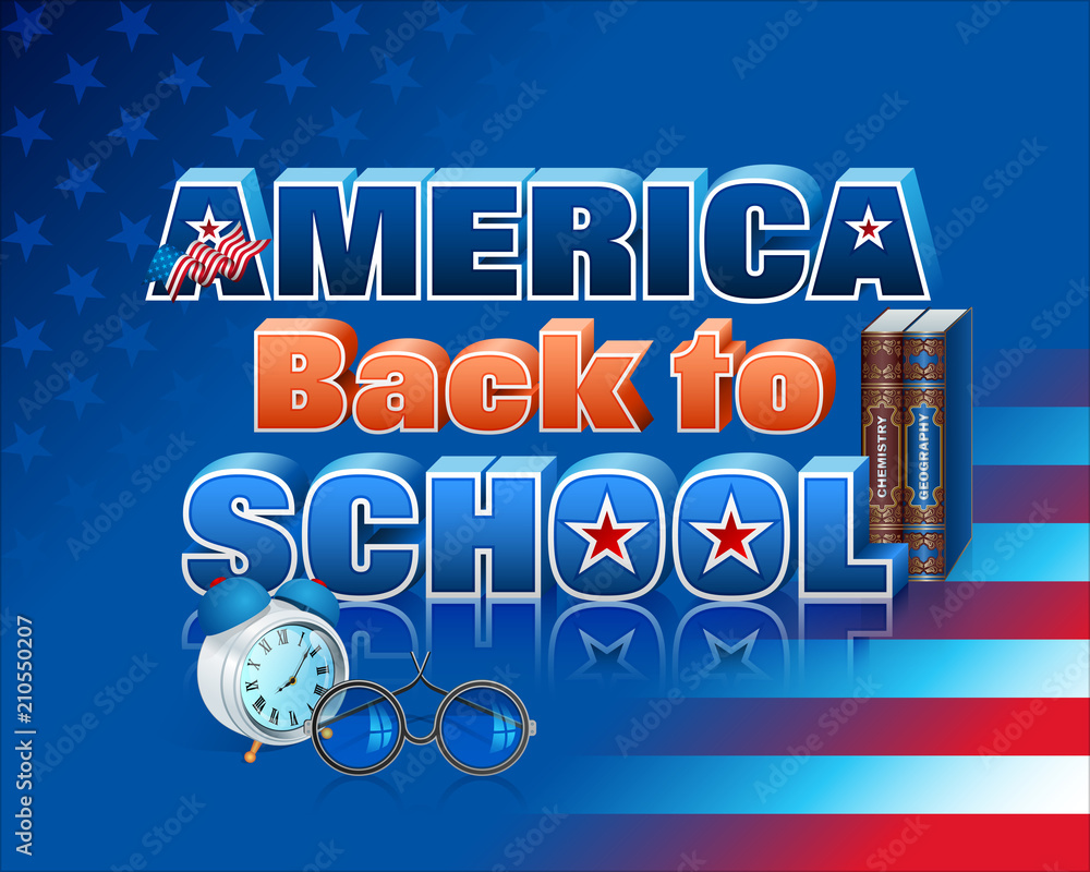 Poster background, design with textbooks, alarm clock, eyeglasses and three dimensional texts for back to s