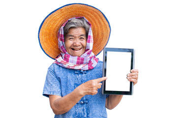 Happy old women farmer using tablet and joyful on a white background