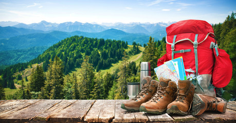 Big backpack and trekking boots - obrazy, fototapety, plakaty