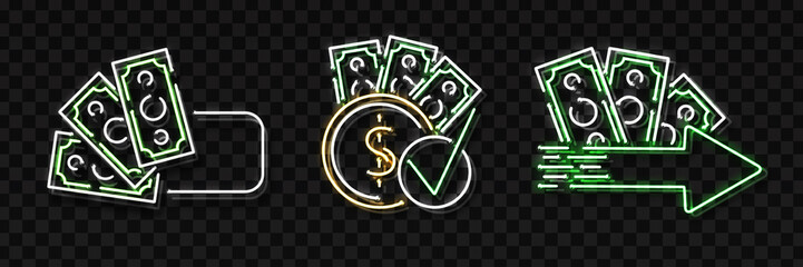 Vector set of realistic isolated neon sign of cash loans logo for decoration and covering on the transparent background. Concept of fast money and financial crisis.