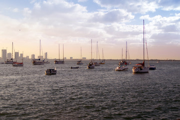 Ships, yachts, fishing boats, blue sky background, sunset, clouds, sea, Miami