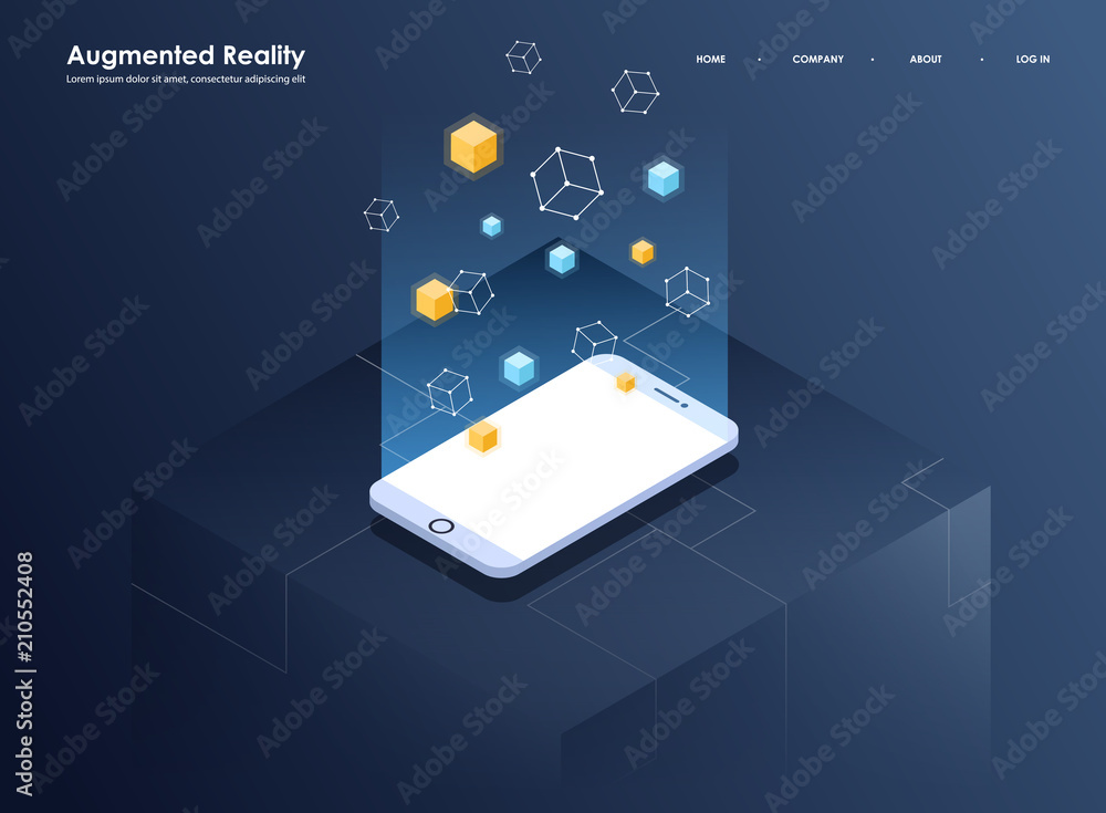 Aufkleber augmented reality concept isometric banner. flat design template for mobile app and website. virtual