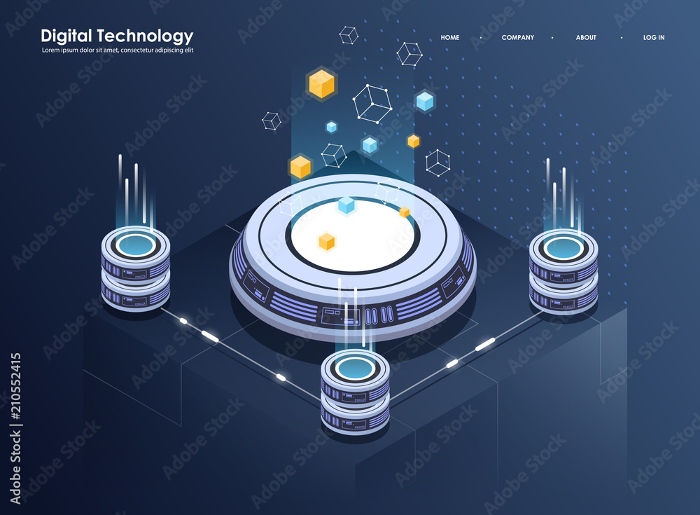 Poster concept of big data processing, isometric data center, vector information processing and storage. cr