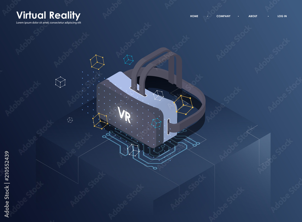 Poster augmented reality concept isometric banner. flat design template for mobile app and website. virtual