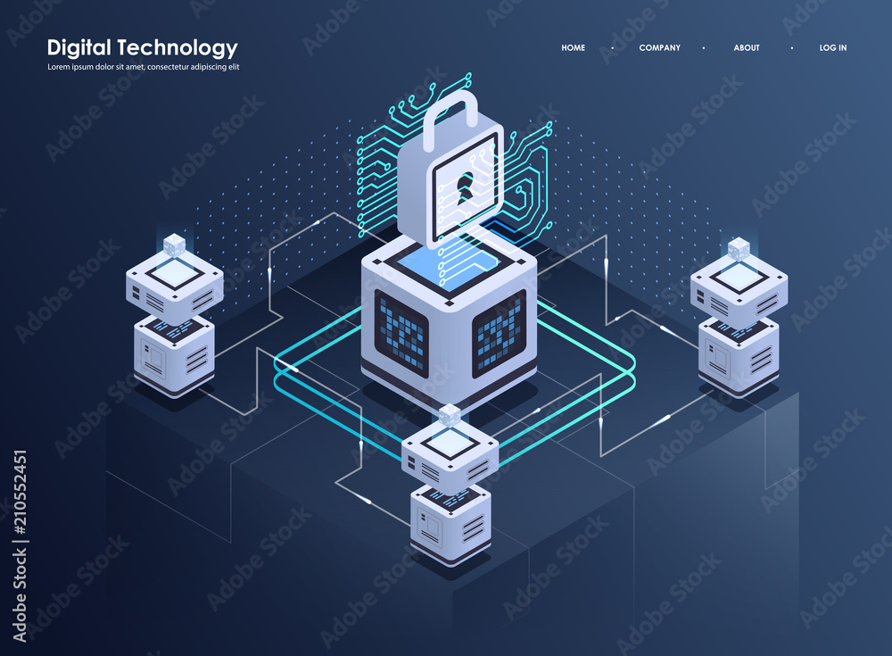 Poster concept of big data processing, isometric data center, vector information processing and storage. cr