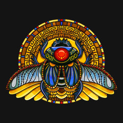 Egyptian scarab symbol of pharaoh, gods Ra, sun. Mythology t-shirt design, tattoos of ancient Egypt - obrazy, fototapety, plakaty