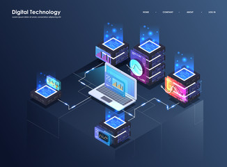 Concept of big data processing, Isometric data center, vector information processing and storage. Creative illustration with abstract geometric elements.