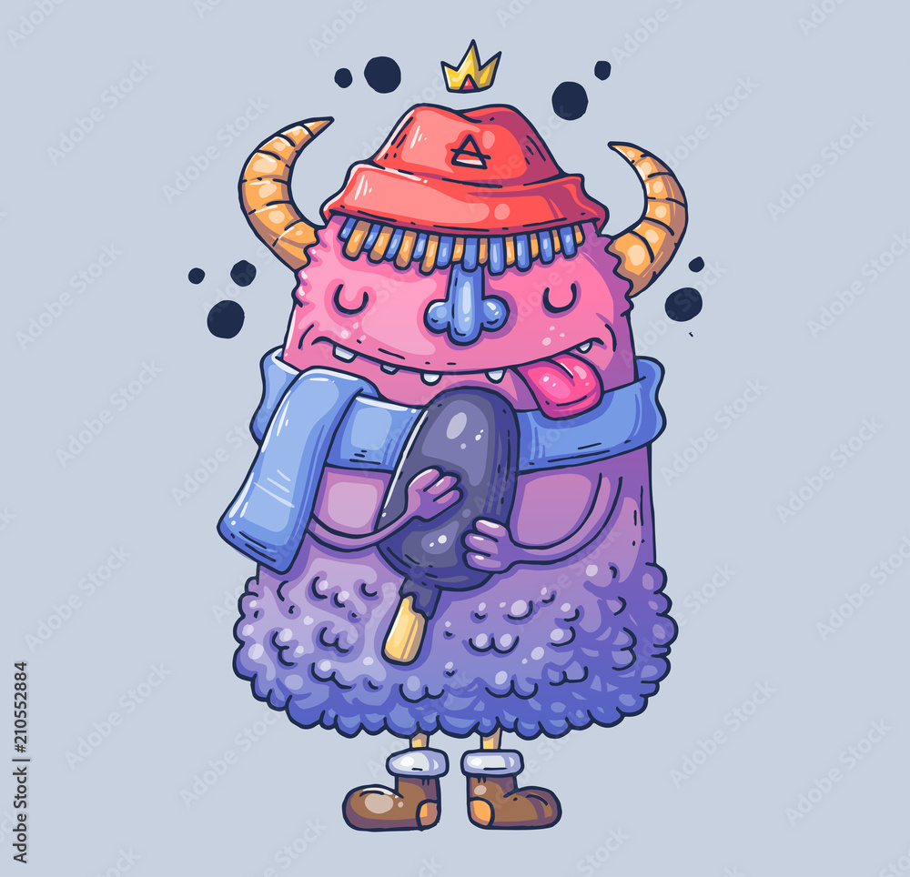 Wall mural funny monster in a hat with horns. monster with ice cream. cartoon illustration for print and web. c