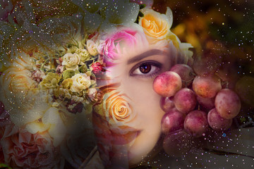 Autumn background, the woman with flowers and grapes