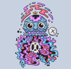 Mad jellyfish with a skull. Cartoon illustration for print and web. Character in the modern graphic style.