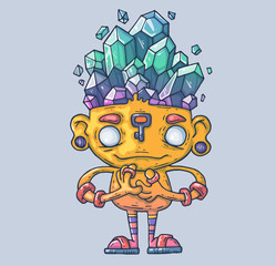 A funny creature with crystals on its head. A fabulous monk guarding the magic stones. Cartoon illustration for print and web. Character in the modern graphic style.