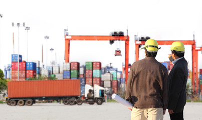 Transportation, import-export and logistics concept, container truck, ship in port and freight cargo plane in transport and import-export commercial logistic, shipping business industry