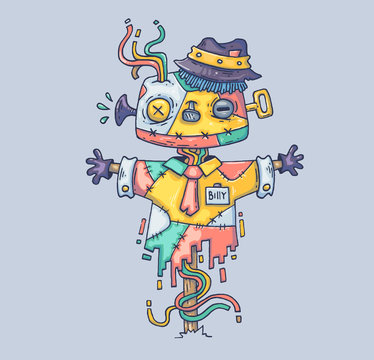 The magic scarecrow in the hat. Cartoon illustration for print and web. Character in the modern graphic style.