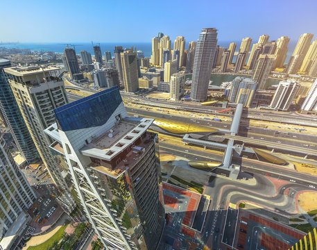 Dubai skyscrapers from above. Futuristic skyline. Dubai Marina aerial view.