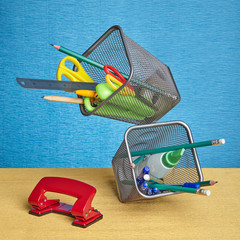 Writing Accessories floating on air in conditions of zero gravity.