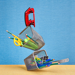 Office supplies soar on air in conditions of zero gravity.
