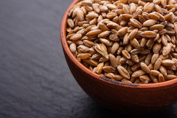 spelt seeds on a dark stone background