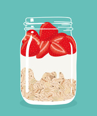 Overnight oats with fresh red strawberries and yogurt in glass vintage mason jar. Healthy natural delicious breakfast. Portion of oat flakes with berries in a jar. Vector hand drawn illustration.