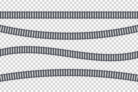 Vector set of realistic isolated of rails for decoration and covering on the transparent background. Concept of train transportation, metro, logistics and railroad.