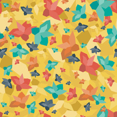 Corolful seamless pattern with geometric flowers on yellow background
