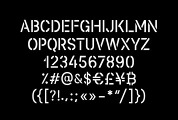 Stencil pattern latin typeface, editable font with uppercase, numbers, punctuation and currency (dollar, euro, yen, pound, bitcoin) symbol glyphs
