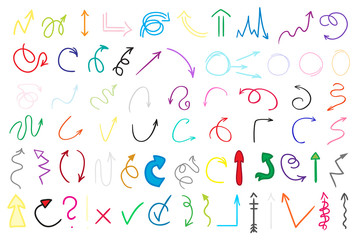 Colored hand drawn doodle arrows. Pen design elements isolated on white. Infographic elements. Colorful pointers on isolation background. Line art