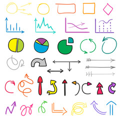 Colored infographic elements on white background. Big set of multicolored signs. Hand drawn simple circles, arrows and rectangle frames. Doodles for work