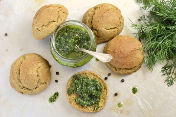Small rye buns with oil with herbs