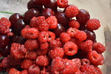 Fresh fruits of cherries and raspberries in glass