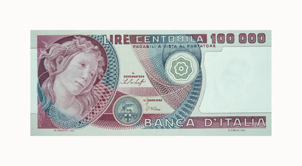 Old Italian currency notes issued by Bank of Italy in 1978. 100.000 Lire banknote.  ,called "Botticelli"