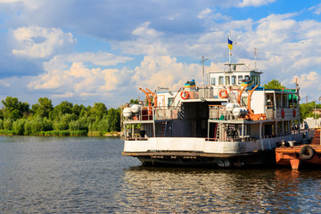 Ferryboat at the wharf on the river Dnieper, Ukraine