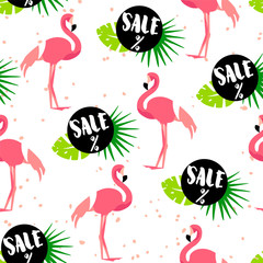 Seamless pattern for summer sale with cute flamingo, palm leaves and text on white background. Ornament for textile and wrapping. Vector.