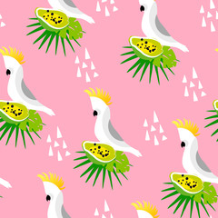 Abstract summer pattern with cute parrot, palm leaves, papaya and triangles on pink background. Ornament for textile and wrapping. Vector.