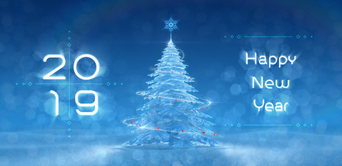 'Happy New Year - 2019' Festive Design. Greeting card created on the basis of typescript and 3D rendering graphics.